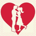 Lovers silhouette on heart background postcard Royalty Free Stock Photo