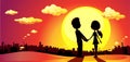 Lovers silhouette in sunset - vector Royalty Free Stock Photo