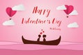 Lovers sit on a boat in the middle of the sea and have a Heart Balloon , paper art couple honeymoon , valentine day date , vector