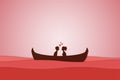 Lovers sit on a boat in the middle of the sea and have a sunset , paper art couple honeymoon , valentine day date , illustr