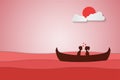 Lovers sit on a boat in the middle of the sea and have a sunset , paper art couple honeymoon , valentine day date ,