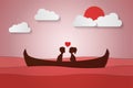 Lovers sit on a boat in the middle of the sea and have a sunset , paper art couple honeymoon , valentine day date