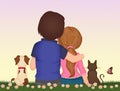 Lovers sitting in the meadow with dog and cat Royalty Free Stock Photo