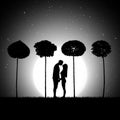 Lovers and trees at night. Loving couple silhouette in park. Full moon