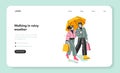 Lovers under the rain web banner or landing page. Cute couple