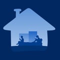 Lovers using smartphone on bed in house icon illustration vector. Blue gradient shade background Royalty Free Stock Photo