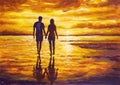 Lovers walking along the ocean shore at sunset oil painting