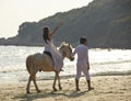 Lovers walking on beach