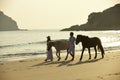 Lovers walking on beach with horses Royalty Free Stock Photo