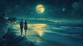 lovers walking on the beach at sunset. Selective focus. Royalty Free Stock Photo