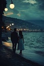 lovers walking on the beach at sunset. Selective focus. Royalty Free Stock Photo
