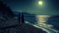 lovers walking on the beach at sunset. Selective focus. Royalty Free Stock Photo