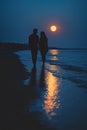 lovers walking on the beach at sunset. Selective focus. Royalty Free Stock Photo