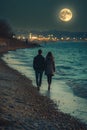lovers walking on the beach at sunset. Selective focus. Royalty Free Stock Photo