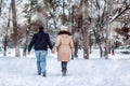 Lovers walking in winter snow- Happy Couple in Winter Park having fun.. Royalty Free Stock Photo