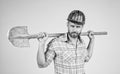 He loves his job. mature builder in shirt. unshaven man on construction site. handsome building worker in hard hat Royalty Free Stock Photo