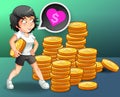 She loves money with coins background. Royalty Free Stock Photo