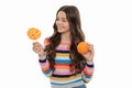 she loves it. natural organic fresh orange. healthy life. kid choose food. Royalty Free Stock Photo