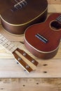 Lovey ukuleles on the wooden deck background