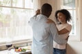 Loving african American couple dancing enjoy date at home Royalty Free Stock Photo