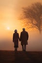 loving aged couple walking side by side and holding hands. back view, rear view, full view. Royalty Free Stock Photo