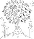 Loving bird blaming tree, hearts anti stress coloring page