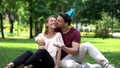 Loving boyfriend congratulating girlfriend with birthday, unexpected surprise