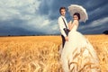 Loving bride and groom in wheat field with blue sky in the backg Royalty Free Stock Photo