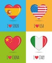 Loving and colorful posters of Spain, USA, China and Italy with heart shaped national flag and text Royalty Free Stock Photo