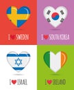 Loving and colorful posters of Sweden, South Korea, Israel and Ireland with heart shaped national flag and text