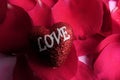 LOVING CONCEPT with red rose petals and printed word of LOVE on the red heart shape Royalty Free Stock Photo