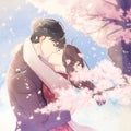 Loving Couple, Abstract Background. Japanese Couple Kissing in the Garden with Sakura or Cherry Blossom. Romantic View of the Royalty Free Stock Photo