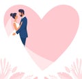 A loving couple on the background of a silhouette of a pink heart. Bride and groom, wedding ceremony, leaves and flowers, flat Royalty Free Stock Photo