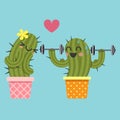 Loving couple of cactus with dumbbell