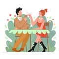 Loving couple in cafe, restaurant flat line character vector illustration concept