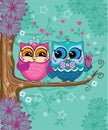 Loving couple cute funny romantic owls. Forest animal, stars, heart, gift. Decorative and style toy, doll. Birthday postcard.