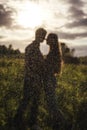 Loving couple defocused in the field. Sunset.