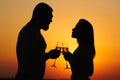 loving couple drinking wine or champagne during sunset time, silhouette of a couple with wineglasses on sunset background, man Royalty Free Stock Photo