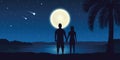 Loving couple enjoy the full moon and falling stars on the beach