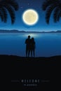 Loving couple enjoy the full moon under palm tree