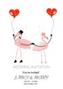 A loving couple of funny flamingos holding red hearts balloon. The concept of love. Wedding invitation. Valentine`s Day Royalty Free Stock Photo