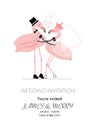 A loving couple of funny flamingos holding red hearts balloon. The concept of love. Wedding invitation. Valentine`s Day Royalty Free Stock Photo