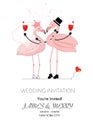 A loving couple of funny flamingos holding red hearts balloon. The concept of love. Wedding invitation. Valentine`s Day