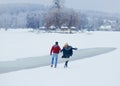 Loving Couple Happy Walking Snow Countryside River Snowfall Fairytale Christmas New Year Back Shot.