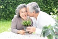 Loving couple have fun in gardening. Happy Asian senior couple engaged in gardening and kissing for his wife in cheek. lifestyle Royalty Free Stock Photo