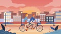 Loving Couple Have A Good Time, Riding Tandem Bicycle Together In The Park With Cityscape View. Summertime Vacation