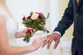 Wedding loving couple holding hands looking at the path, symbolizing her future Royalty Free Stock Photo