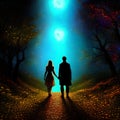 Loving couple holding hands under night sky