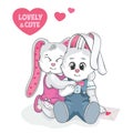 Loving couple. A lovely and cute Teddy Bunny. Valentine`s day postcard. Children`s cartoon illustration with white rabbits. Royalty Free Stock Photo