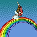 Loving couple man and woman sitting on a rainbow, romantic date